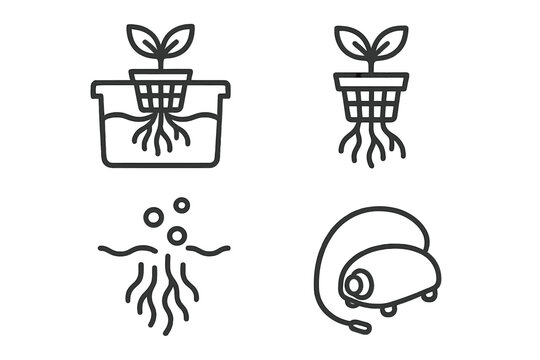 Hydroponics Line Icons. Line style icons of hydroponics: deep water culture, DWC icon, bucket system with net pots, submerged