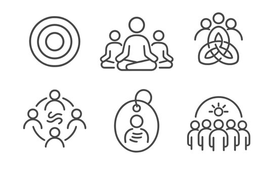 Holistic Healing Icons. Line style icons of holistic healing: wellness circles, group meditation icon, healing tribe symbol,