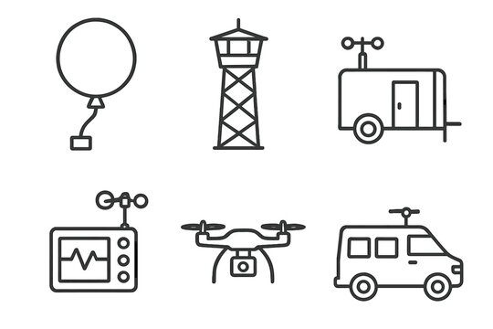 Meteorology Fieldwork Icons. Line style icons of meteorology fieldwork: weather balloon, observation tower, mobile station, data