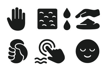 Fototapeta premium Sensory Icons Collection. Solid style icons of sensory exploration: Open Palm, Tactile Texture, Slow Drip, Soft Pressure, Squish