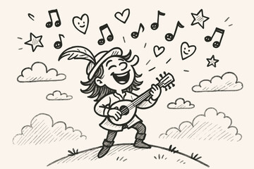 Fototapeta premium Joyful Bard's Melody. A doodle of a joyful bard standing on a hill, singing with hwyl, while smiling musical notes, hearts, and