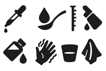 Laudanum Administration Icons. Solid style icons of laudanum administration: Glass Dropper, Droplet Falling, Spoon with Tincture,