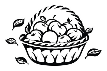 Woven basket overflowing with fresh apples and scattering leaves against a white background