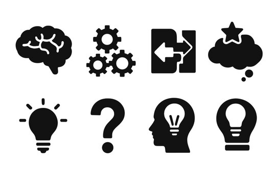 Cognitive Puzzle Icons. Solid style icons of Cognitive Puzzle: Brain, Gears, Paradox, Imagination, Light Bulb, Question Mark, Idea