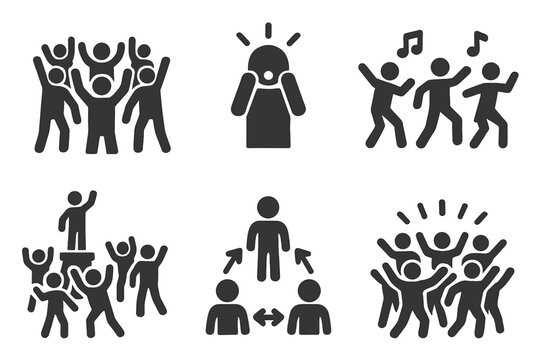 Flash Mob Icons. Solid style icons of Crowd Dance Gathering: Flash Mob, Surprise, Dance, Public Place, Coordination, Group,