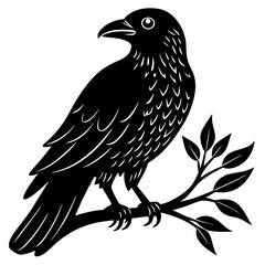 Stylized black bird perched on a branch with leaves in silhouette