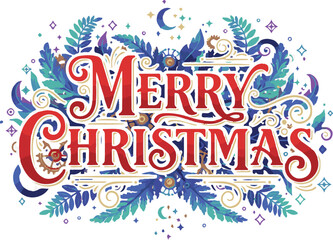 Elegant "Merry Christmas" typography with festive red and green lettering, accented by golden flourishes and classic holly illustrations on a white background.