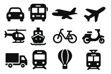 Transportation Icon Set. Solid style icons of transportation vehicles: car, bus, train, airplane, helicopter, ship, bicycle,