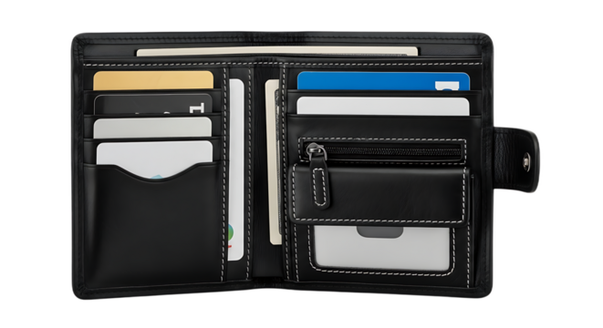 Open black leather wallet filled with credit cards and cash on a white background close up shot