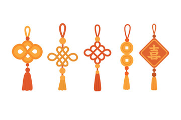 Collection of decorative Chinese knots and charms in red and gold colors, festive flat vector design.