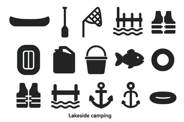 Lakeside Camping Icons. Solid style icons of lakeside camping: canoe, paddle, fishing net, dock, inflatable raft, water jug,