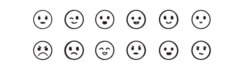 Grunge Face Emoji Icon Set. Distressed Emoticon Vector Collection. Grungy Face Expression Vector. Grunge Emoji Faces Pack. Grunge Vector Emoticons. Hand-Drawn Emoticon Vector Set