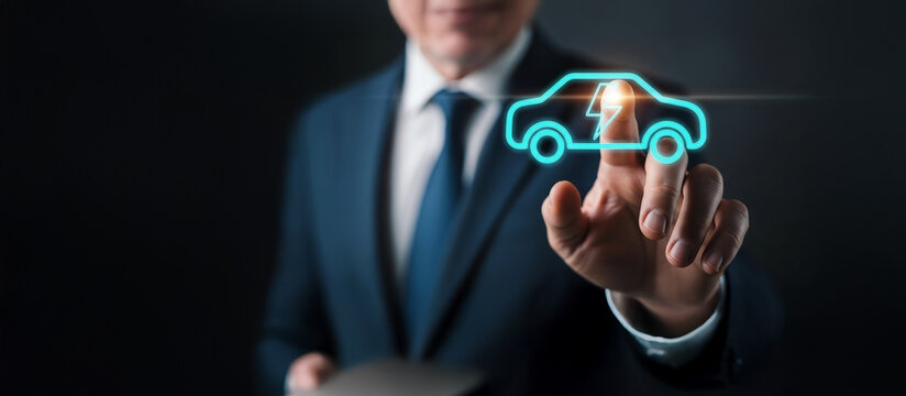Hombre de negocios toca holograma de autom&oacute;vil el&eacute;ctrico