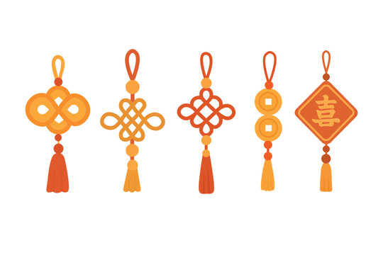 Collection of decorative Chinese knots and charms in red and gold colors, festive flat vector design. - Powered by Adobe