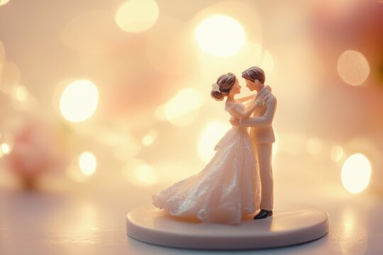 A romantic wedding cake topper figurine of a bride and groom embracing, set against a magical backdrop of soft, warm bokeh lights.