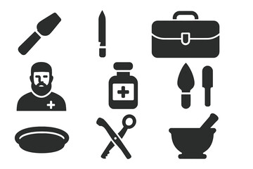 Fototapeta premium Antique Barber Surgeon Tools. Solid style icons of Antique Barber Surgeon Kit: Fleam, Bloodletting Knife, Case, Barber Surgeon,