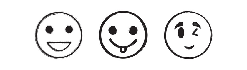 Brush Stroke Emoji Collection. Cartoon people face emotions set in doodle scribble pencil marker style hand drawn set. grunge emotions set. Vector Emoticon Line Art Set