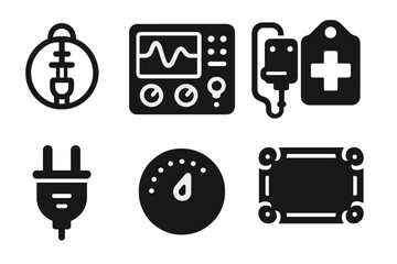 Vintage Medical Icons. Solid style icons of vintage medical tech style: Tube Diagram, Scientific Panel, Archaic Device, Medical