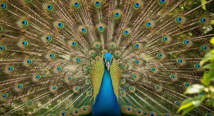 Obraz premium A Peacock Displaying its Vibrant Tail Feathers in Full Fan Under Sunlight