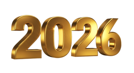 A close up of the year two thousand twenty six in golden color on a black plain background view