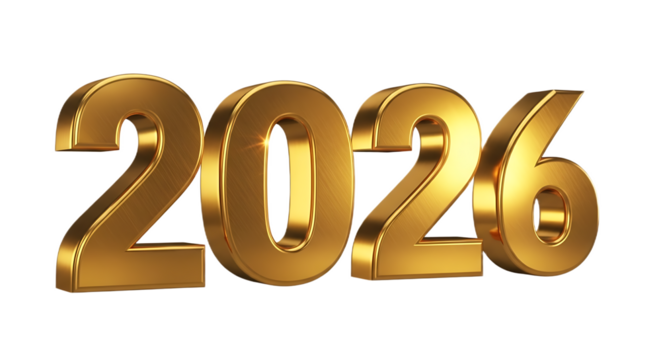 A close up of the year two thousand twenty six in golden color on a black plain background view