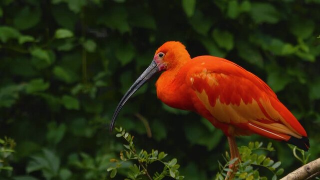 Close up of scarlet ibis resting on a branch in the forest on a cloudy spring day
