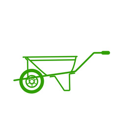 Minimalist green garden wheelbarrow vector icon, outlined on transparent background, clean modern design for landscaping and ecological themes