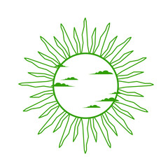 Minimalist green sun vector icon with abstract rays and clouds, modern eco-friendly design outlined on transparent background for nature themes