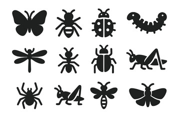 Garden Insect Icons. Solid style icons of garden insects: butterfly, bee, ladybug, caterpillar, dragonfly, ant, beetle,