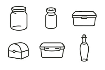 Storage Container Icons. Line style icons of storage containers: glass jar, spice jar, lunch box, bread box, airtight container,