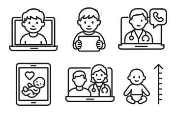 Obraz premium Telemedicine Icons Set. Line style icons of telemedicine: pediatric telehealth, child with tablet icon, online pediatrician call,