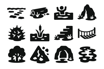 Jungle Obstacle Icons. Solid style icons of jungle obstacles: river crossing, fallen log, quicksand, steep cliff, thorn bush,