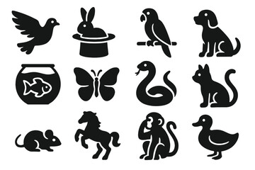 Animal Trick Icons. Solid style icons of animal tricks: dove, rabbit, parrot, dog, goldfish bowl, butterfly, snake, cat, mouse,