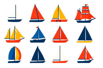 Vibrant Sailboat Icons. Flat vector icons of sailboats: dinghy sailboat, racing yacht, catamaran, tall ship, schooner, fishing