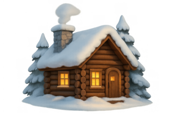 Cozy log cabin in winter forest with glowing windows and smoke from chimney, creating warm holiday atmosphere, transparent background