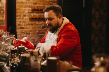 Santa claus feeling weary sitting at bar counter