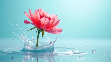 Pink flower splashing in water on blue background, studio shot, nobody