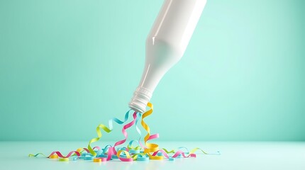 White bottle with colorful confetti on turquoise background, minimal design