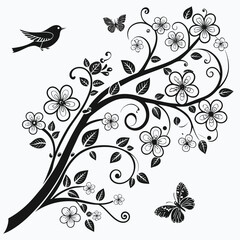 Ornate branch with blossoms bird and butterflies decorative design element isolated on transparent background