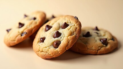 Freshly baked chocolate chip cookies on a beige surface, close up shot