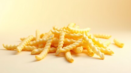 Pile of curly fries on a bright surface, close up studio shot