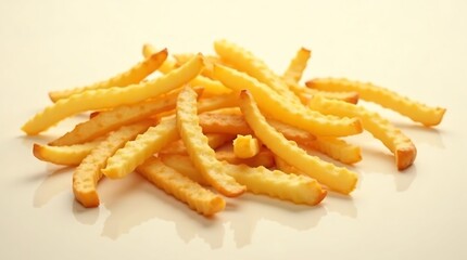 Pile of golden and crispy french fries on a bright surface, close up