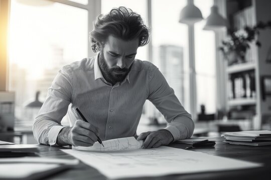 A bearded professional intently sketches architectural blueprints on paper at his desk. He's deeply focused on detailed design work in a modern office.