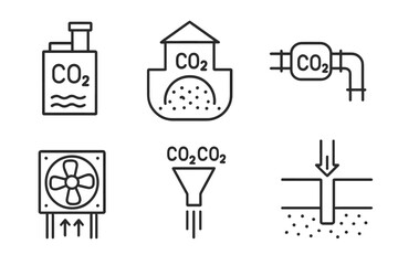 Renewable Energy Icons. Line style icons of renewable energy: carbon capture icon, storage site, CO2 pipeline, air capture fan,