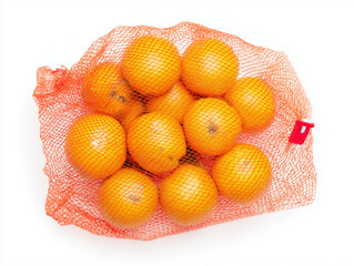 Fresh oranges in a red mesh bag on a white background.