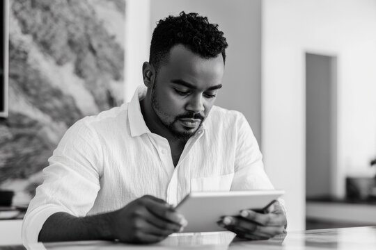A concentrated man intently uses a tablet device, deeply engrossed in its digital content, presented in a monochrome portrait.