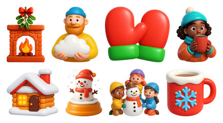 Fototapeta premium PNG Festive winter 3D cartoon icons, element set on transparent background
