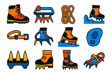 Colorful Climbing Icons. Flat vector icons of climbing boots and crampons: mountaineering boots, crampon with spikes, boot laces,