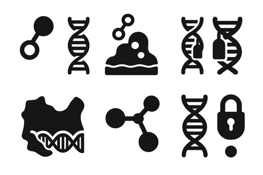 DNA Methylation Icons. Solid style icons of DNA methylation process: Methyl Group Addition, CpG Island Mark, DNA Helix with Tags,