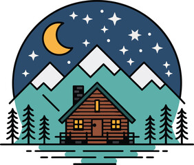 Naklejka premium Night wilderness mountain cabin vector badge design starry sky crescent moon frozen lake reflection